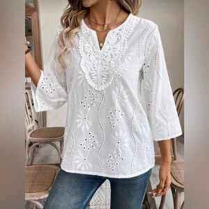 NEW White Embroidered Solid Color Notched-Neck Three Quarter Sleeve Tops (S)